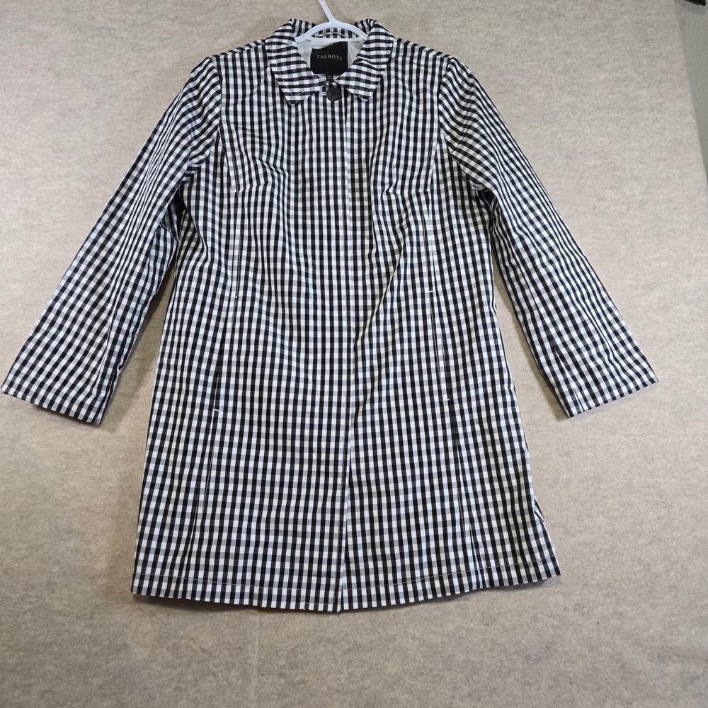 Talbots Black White Gingham Trench Coat Womens 10 Check Button Front Jacket